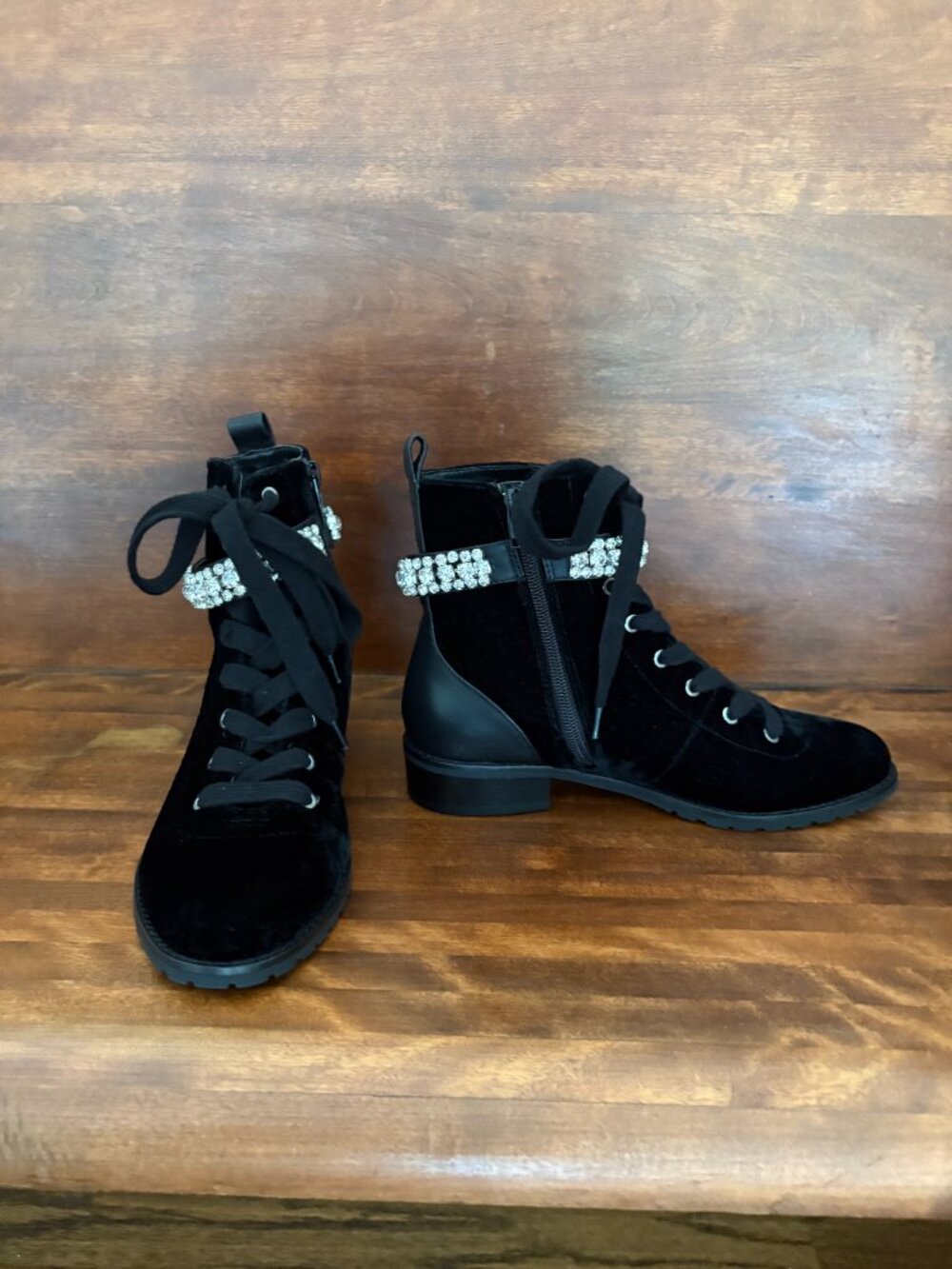 White House Black Market Black Velvet Crystal Embellished Lace Up Combat Boots 6